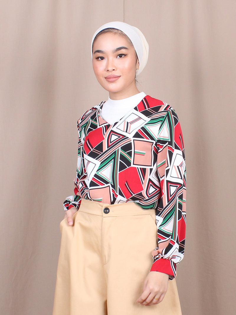 FRET PATTERN V-NECK BLOUSE BT817