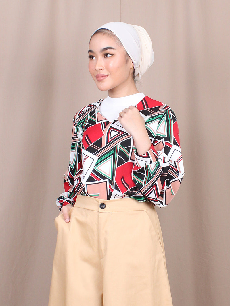 FRET PATTERN V-NECK BLOUSE BT817